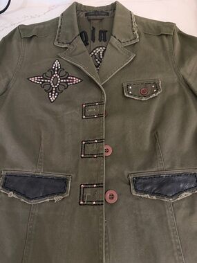 Olive Military-Style Embellished Jacket with Rhinestone Appliques